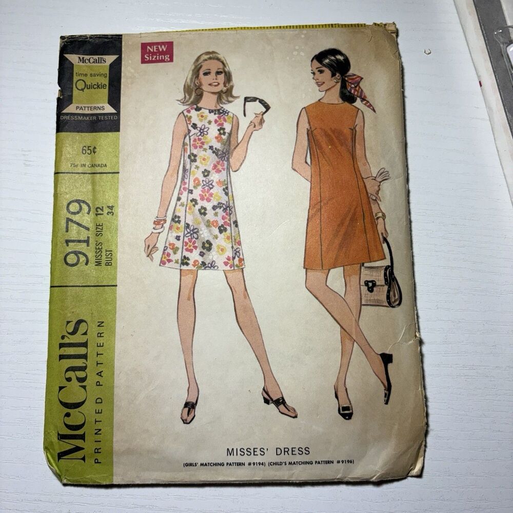 Vintage 1968 McCalls 9179 Mod Shift Dress Sewing Pattern Size 12 Bust 34